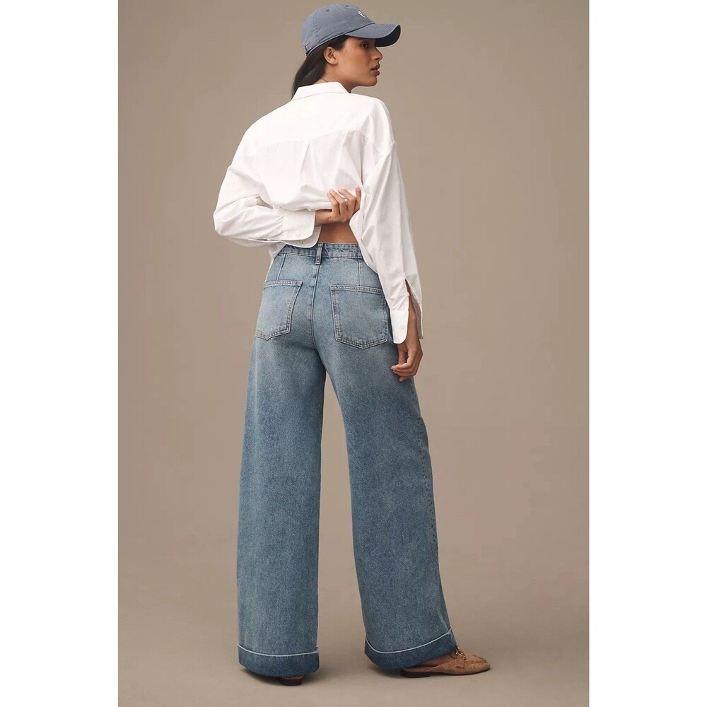 Anthropologie Pilcro High Rise Pleated Wide Leg Cuff Trouser Jeans Blue Size 31 - Picture 4 of 12